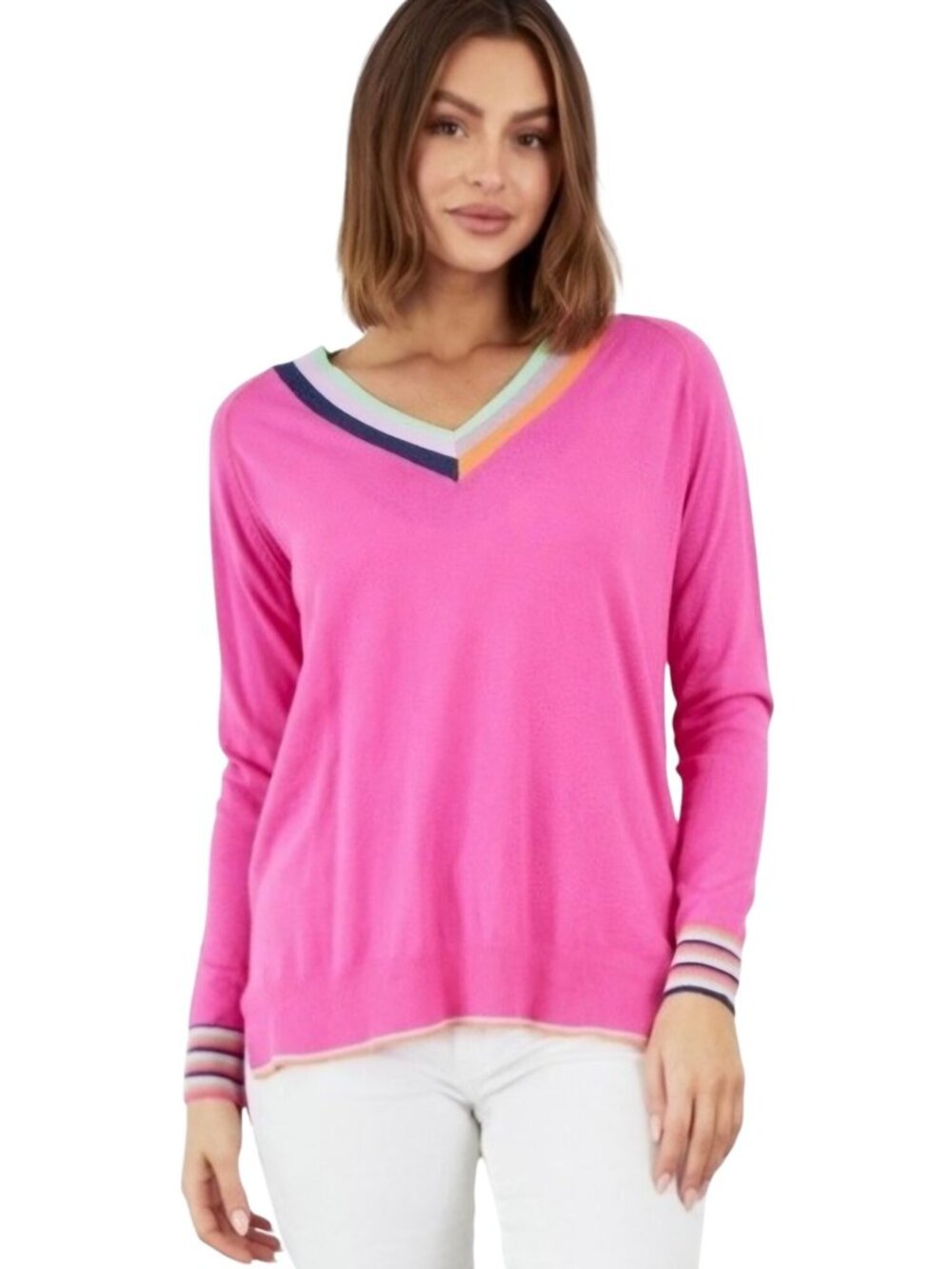 Zaket & Plover Preppy Silk Blend Stripe Detail V Neck Pink Multi Sweater Size XS